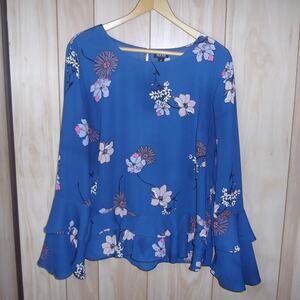a.n.a Royal Blue Floral Ruffle Bell Sleeve Blouse Womens XL Chiffon Boho